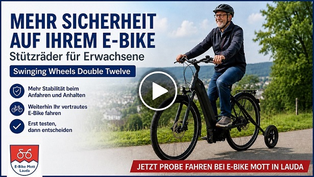 Swinging Wheels Stützräder für Erwachsene am E-Bike Swinging Wheels Stützräder für Erwachsene am E-Bike mit Probefahrt bei E-Bike Mott in Lauda Vorschaubild: KI-generierte Illustration