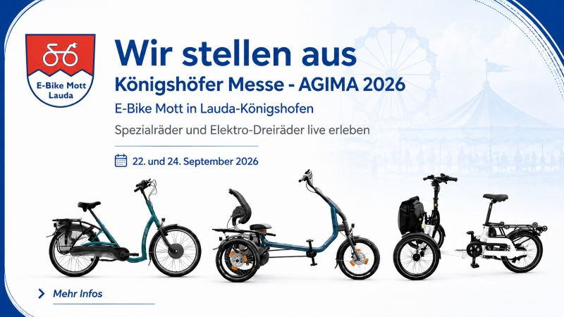 E-Bike Mott auf der Königshöfer Messe 2026 in Lauda-Königshofen E-Bike Mott auf der Königshöfer Messe 2026 in Lauda-Königshofen mit Spezialrädern und Elektro-Dreirädern auf der AGIMA