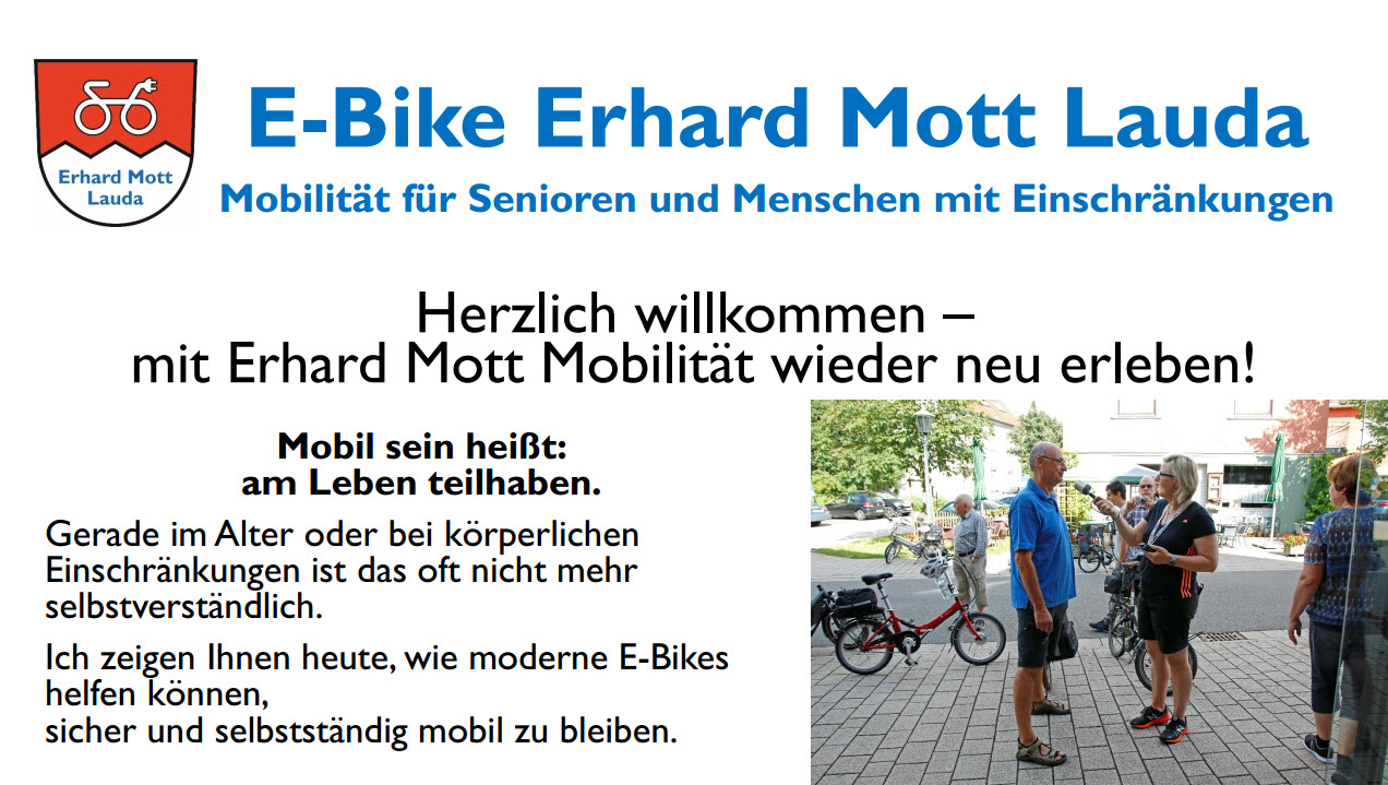 E-Bike Beratung und Vortrag – Mobilität für Senioren und Menschen mit Einschränkungen Vortrag von Erhard Mott zur Mobilität mit E-Bikes für Senioren und Menschen mit Einschränkungen