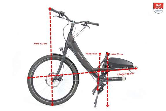 Tauber-Rad E-Bike Tandem geteilt Vorderteil mit Vorderrad bemaßt Tauber-Rad E-Bike Tandem geteilt Vorderteil mit Vorderrad bemaßt