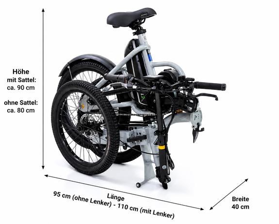 ETNNIC Folding Faltmaß – kompakte Abmessungen im zusammengeklappten Zustand Zusammengeklapptes ETNNIC Folding E-Bike mit Faltmaßen: ca. 90 cm Höhe mit Sattel, ca. 80 cm ohne Sattel, 95 bis 110 cm Länge und 40 cm Breite.