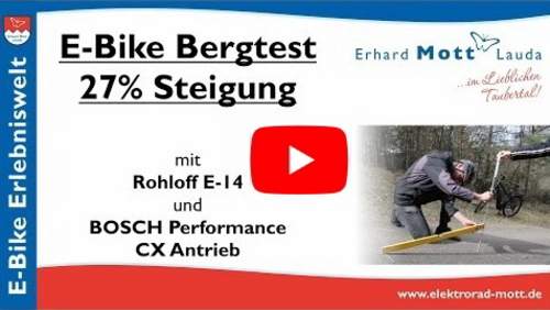 Rohloff E-Bike Bergtest An einer Steigung zeigt sich, was in einem E-Bike steckt! Erhard Mott und Iris Jost testen ein Tauber-Rad und Riese & Müller E-Bike am 27% steilen Berg in Lauda. Ob der BOSCH Performance CX und die Rohloff E-14 Speedhub das schaffen?
