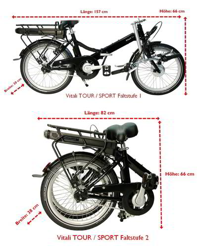 Vitali Elektro-Klapprad Faltmaße TOUR + SPORT Faltstufe 1 | Länge: 157 cm | Höhe: 66 cm | Breite: 30 cm Faltstufe 2 | Länge: 82 cm | Höhe: 66 cm | Breite: 38 cm