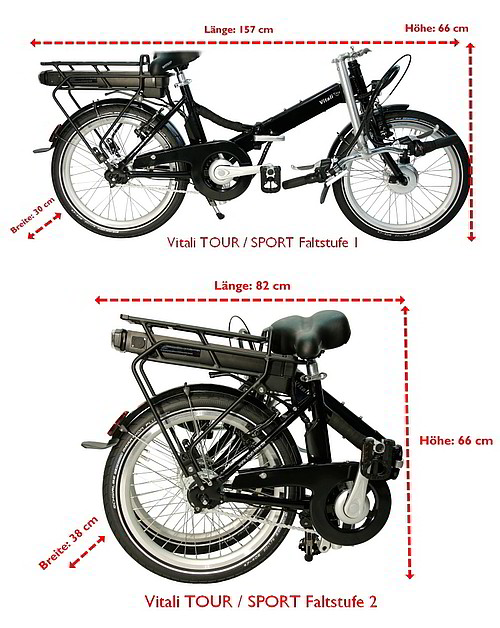 Vitali Elektro-Klapprad Faltmaße TOUR + SPORT Vitali Elektro-Klapprad Faltmaße TOUR + SPORT Faltstufe 1 | Länge: 157 cm | Höhe: 66 cm | Breite: 30 cm Faltstufe 2 | Länge: 82 cm | Höhe: 66 cm | Breite: 38 cm