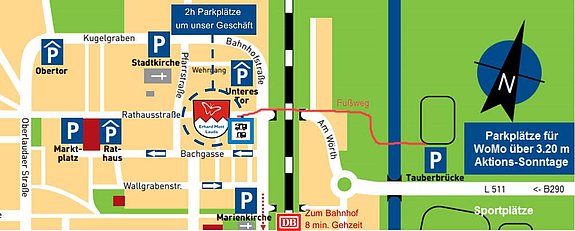 Parkplätze E-Bike Erlebniswelt Erhard Mott in Lauda Direkt um die E-Bike Erlebniswelt befinden sich mehrere Parkplätze 2 Std. Parkdauer. Zu den Wohnmobil-Stellplätze gelangen Sie über die Seegasse.