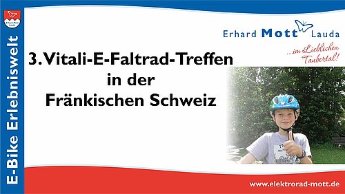 Vitali Treffen 2017 Fränkische Schweiz Vitali Treffen 2017 in der Fränkischen Schweiz Über 35 Vitalisten aus ganz Deutschland trafen sich mit ihrem Vitali Elektroklapprad in der Fränkischen Schweiz. Im romantischen Wiesenttal und Trubachtal wurde die Leistung der deutschen Kult-Elektrofalträder getestet.