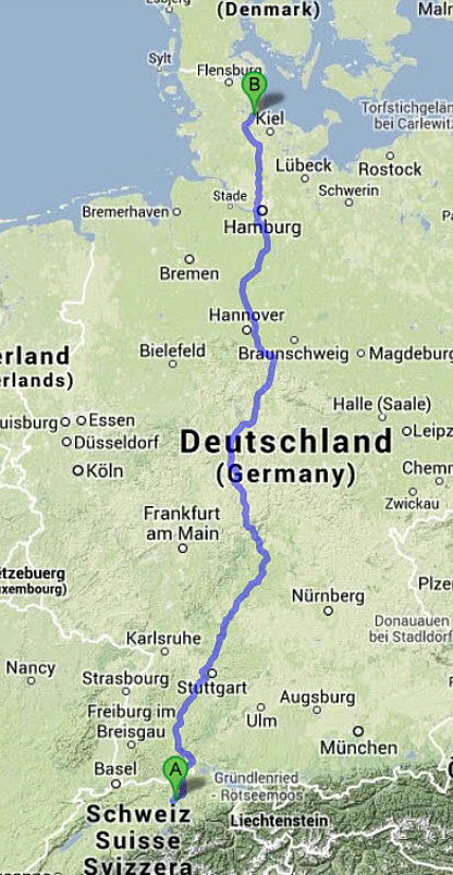 Die Strecke mit dem Vitali von Zürich nach Eckernförde Die Strecke mit dem Vitali von Zürich nach Eckernförde