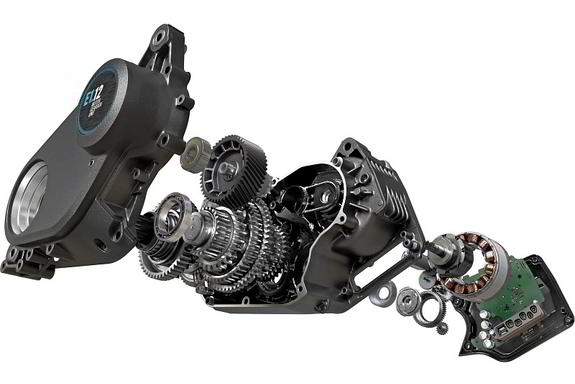 Pinion MGU – Explosionszeichnung Motor und Getriebe Explosionszeichnung der Pinion MGU – integrierter E-Antrieb mit 12-Gang Getriebe, Motor- und Getriebekomponenten im Detail.