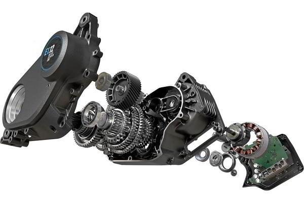 Explosionszeichnung der Pinion MGU – integrierter E-Antrieb mit 12-Gang Getriebe, Motor- und Getriebekomponenten im Detail.